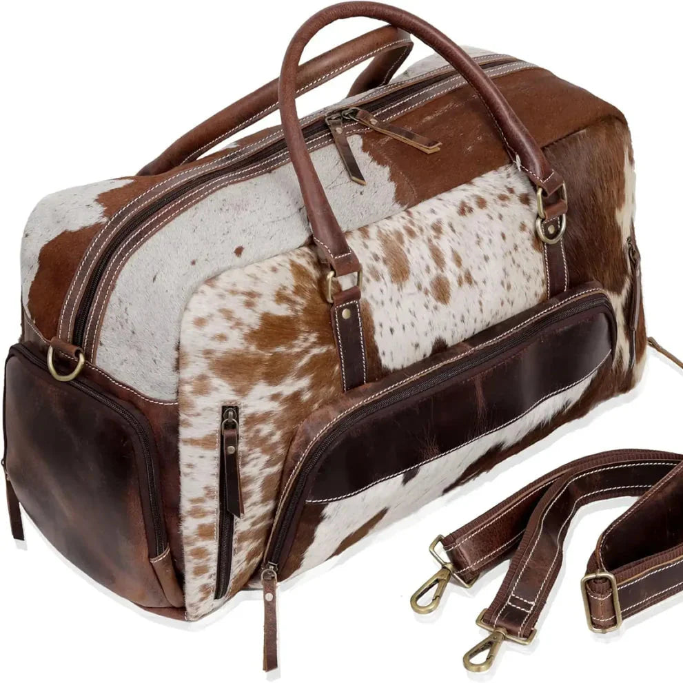 Cowhide Leather Duffle Bag, Handmade Unisex Travel Weekender
