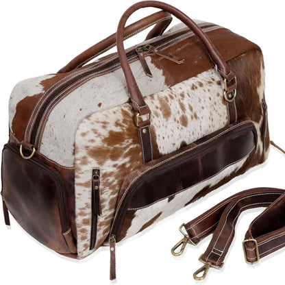 Cowhide Leather Duffle Bag, Handmade Unisex Travel Weekender