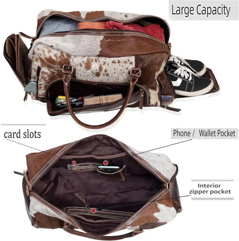 Cowhide Leather Duffle Bag, Handmade Unisex Travel Weekender
