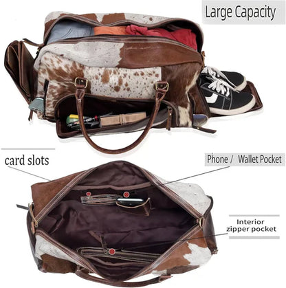 Cowhide Leather Duffle Bag, Handmade Unisex Travel Weekender
