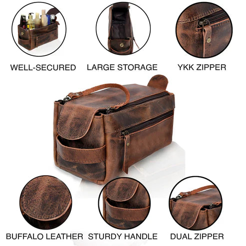 Wyoming Leather Toiletry Dopp Kit, Full Grain Buffalo Leather Travel Organizer