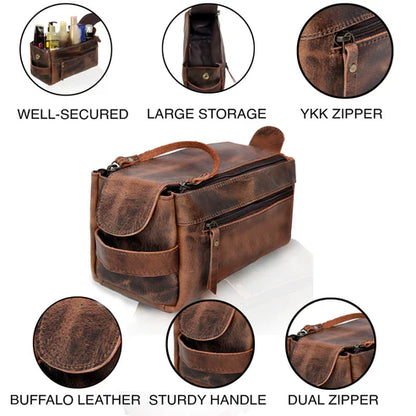 Wyoming Leather Toiletry Dopp Kit, Full Grain Buffalo Leather Travel Organizer