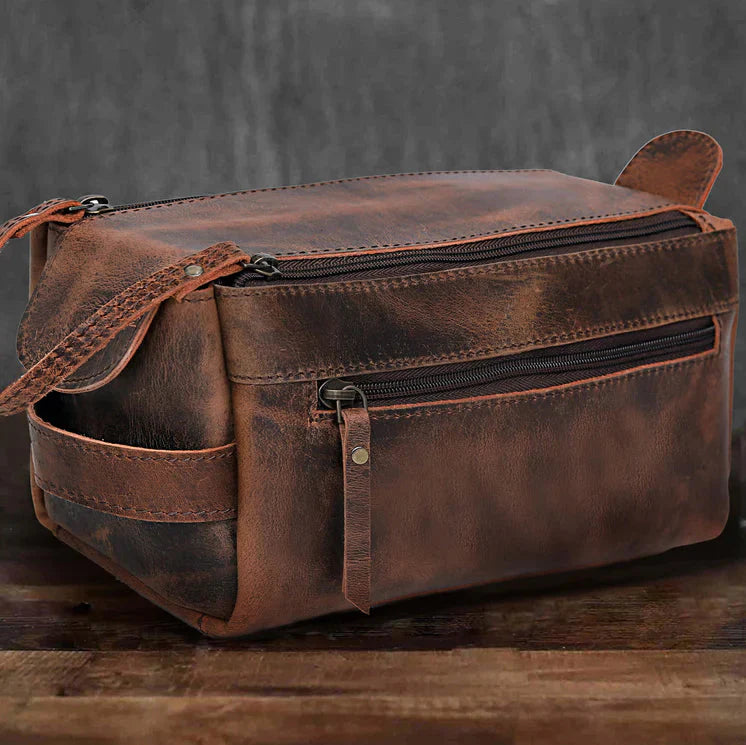 Wyoming Leather Toiletry Dopp Kit, Full Grain Buffalo Leather Travel Organizer