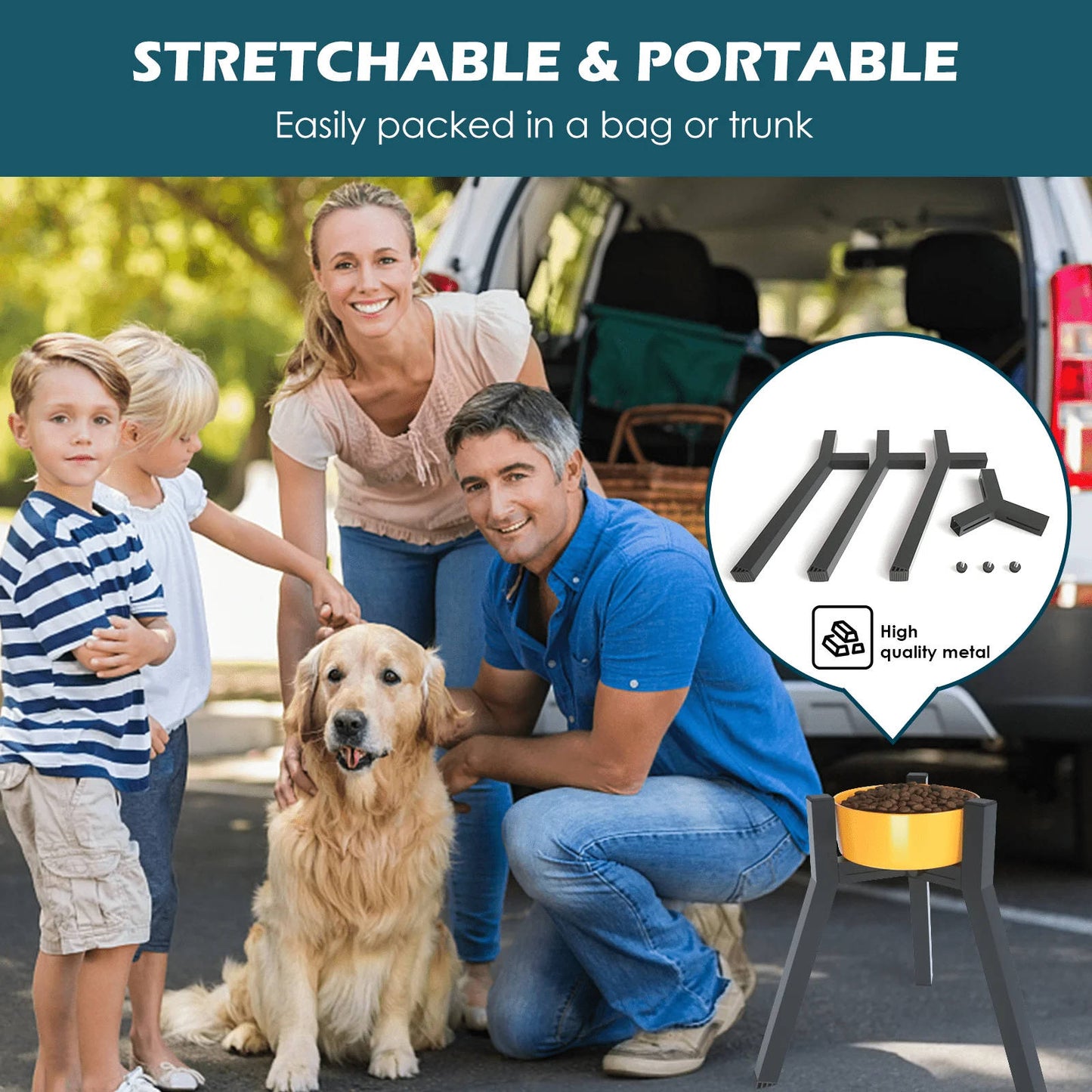 Dog Bowl Stand with Adjustable Width and Foldable Metal Frame, 13.7in Height