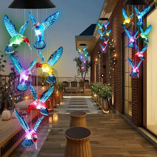 Solar Wind Chime Light with Color Changing Hummingbird Bulbs and Automatic Dusk Sensor for Gardens