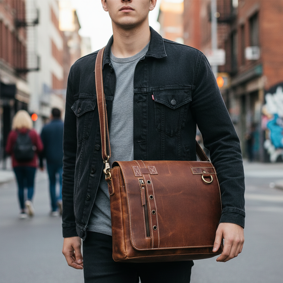 Jupiter Leather Messenger Bag, Full Grain Buffalo Leather Laptop Satchel