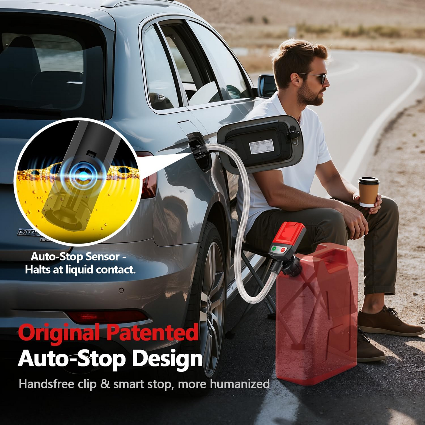 Battery Powered Fuel Transfer Pump with Auto-Stop Sensor and Four Cap Adapters