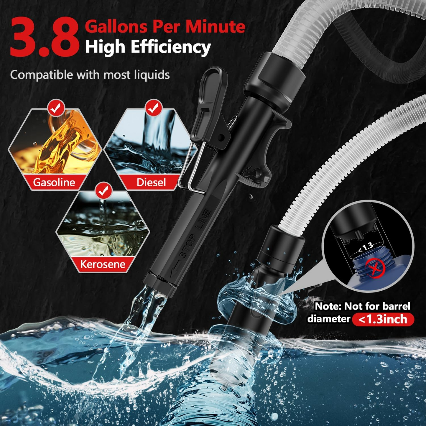 Battery Powered Fuel Transfer Pump with Auto-Stop Sensor and Four Cap Adapters