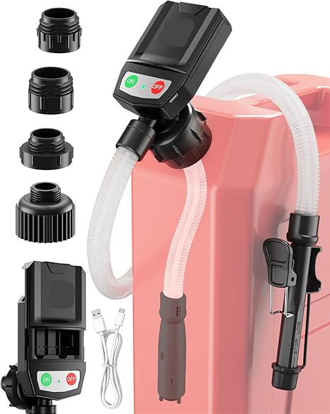Battery Powered Fuel Transfer Pump with Auto-Stop Sensor and Four Cap Adapters
