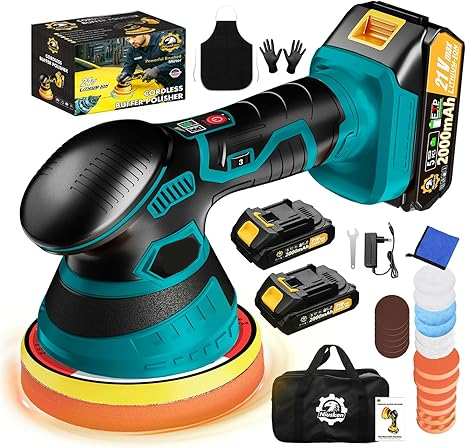 Cordless Orbital Buffer Polisher with Variable Speed and Multiple Foam Pads, Rechargeable Battery Kit